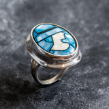 Mosaic Ring, Natural Shell Pearl, Lady Cameo Ring, Statement Bezel Ring, Blue Oval Ring, Silver Pearl Ring, Large Pearl Ring, Rare By Adina