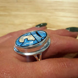 Mosaic Ring, Natural Shell Pearl, Lady Cameo Ring, Statement Bezel Ring, Blue Oval Ring, Silver Pearl Ring, Large Pearl Ring, Rare By Adina