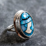 Mosaic Ring, Natural Shell Pearl, Lady Cameo Ring, Statement Bezel Ring, Blue Oval Ring, Silver Pearl Ring, Large Pearl Ring, Rare By Adina