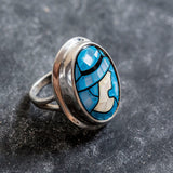 Mosaic Ring, Natural Shell Pearl, Lady Cameo Ring, Statement Bezel Ring, Blue Oval Ring, Silver Pearl Ring, Large Pearl Ring, Rare By Adina