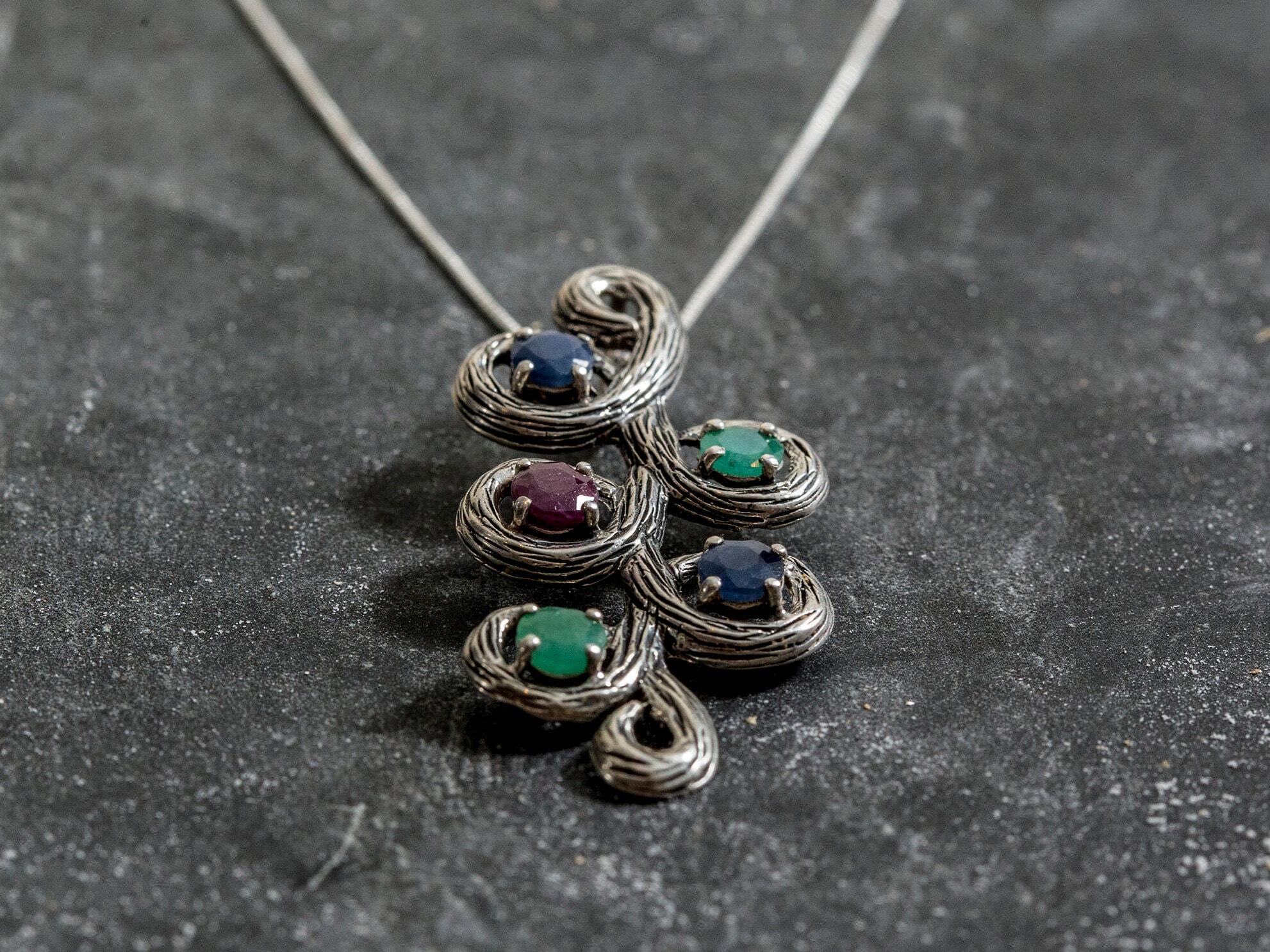 Emerald Pendant, Sapphire Pendant, Ruby Pendant, Leaf Pendant, Branch Pendant, Artistic Necklace, Large Necklace, Gemstones Necklace, Silver