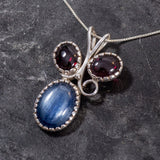 Kyanite Pendant, Natural Kyanite Pendant, Red Garnet Pendant, Three Stone Pendant, Blue Vintage Pendant, Solid Silver Pendant, Rare by Adina