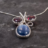 Kyanite Pendant, Natural Kyanite Pendant, Red Garnet Pendant, Three Stone Pendant, Blue Vintage Pendant, Solid Silver Pendant, Rare by Adina