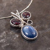 Kyanite Pendant, Natural Kyanite Pendant, Red Garnet Pendant, Three Stone Pendant, Blue Vintage Pendant, Solid Silver Pendant, Rare by Adina