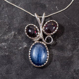 Kyanite Pendant, Natural Kyanite Pendant, Red Garnet Pendant, Three Stone Pendant, Blue Vintage Pendant, Solid Silver Pendant, Rare by Adina
