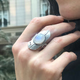 Moonstone Statement Ring, Natural Moonstone, June Birthstone, Boho Silver Ring, Feather Ring, Moonstone Bezel Ring, Long Ring, Rare By Adina