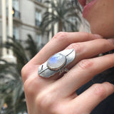 Moonstone Statement Ring, Natural Moonstone, June Birthstone, Boho Silver Ring, Feather Ring, Moonstone Bezel Ring, Long Ring, Rare By Adina