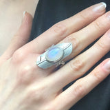 Moonstone Statement Ring, Natural Moonstone, June Birthstone, Boho Silver Ring, Feather Ring, Moonstone Bezel Ring, Long Ring, Rare By Adina
