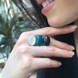 Asymmetric Ring, Sandstone Ring, Green Agate Ring, Mother Of Pearl, 3 Stone Ring, Artisian Ring, Multistone Ring, Chunky Ring, Silver Ring