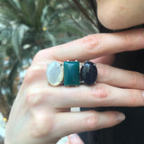 Asymmetric Ring, Sandstone Ring, Green Agate Ring, Mother Of Pearl, 3 Stone Ring, Artisian Ring, Multistone Ring, Chunky Ring, Silver Ring