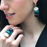 Asymmetric Ring, Sandstone Ring, Green Agate Ring, Mother Of Pearl, 3 Stone Ring, Artisian Ring, Multistone Ring, Chunky Ring, Silver Ring