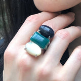 Asymmetric Ring, Sandstone Ring, Green Agate Ring, Mother Of Pearl, 3 Stone Ring, Artisian Ring, Multistone Ring, Chunky Ring, Silver Ring