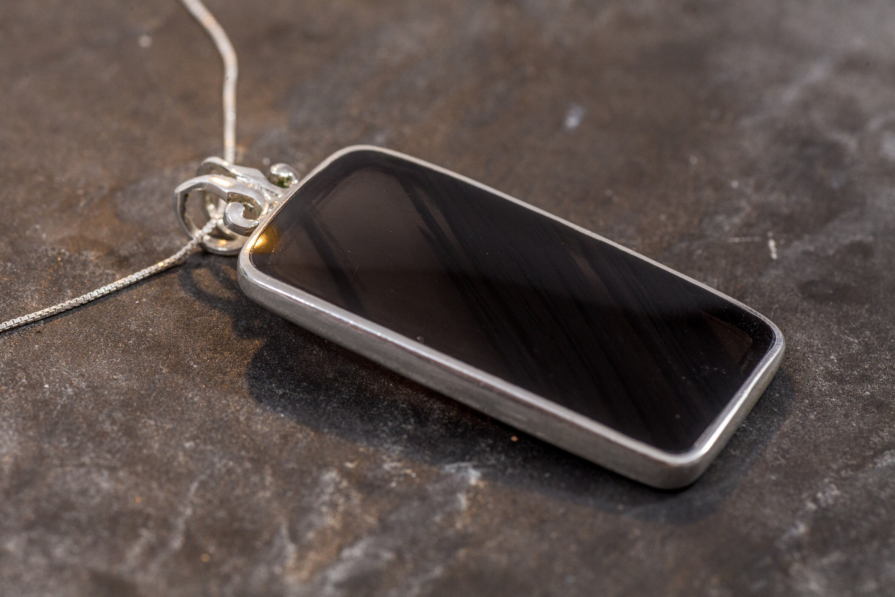 Obsidian Pendant, Natural Obsidian, Rectangle Pendant, Black Vintage Pendant, Statement Pendant, Unique Stone Pendant, Solid Silver Pendant