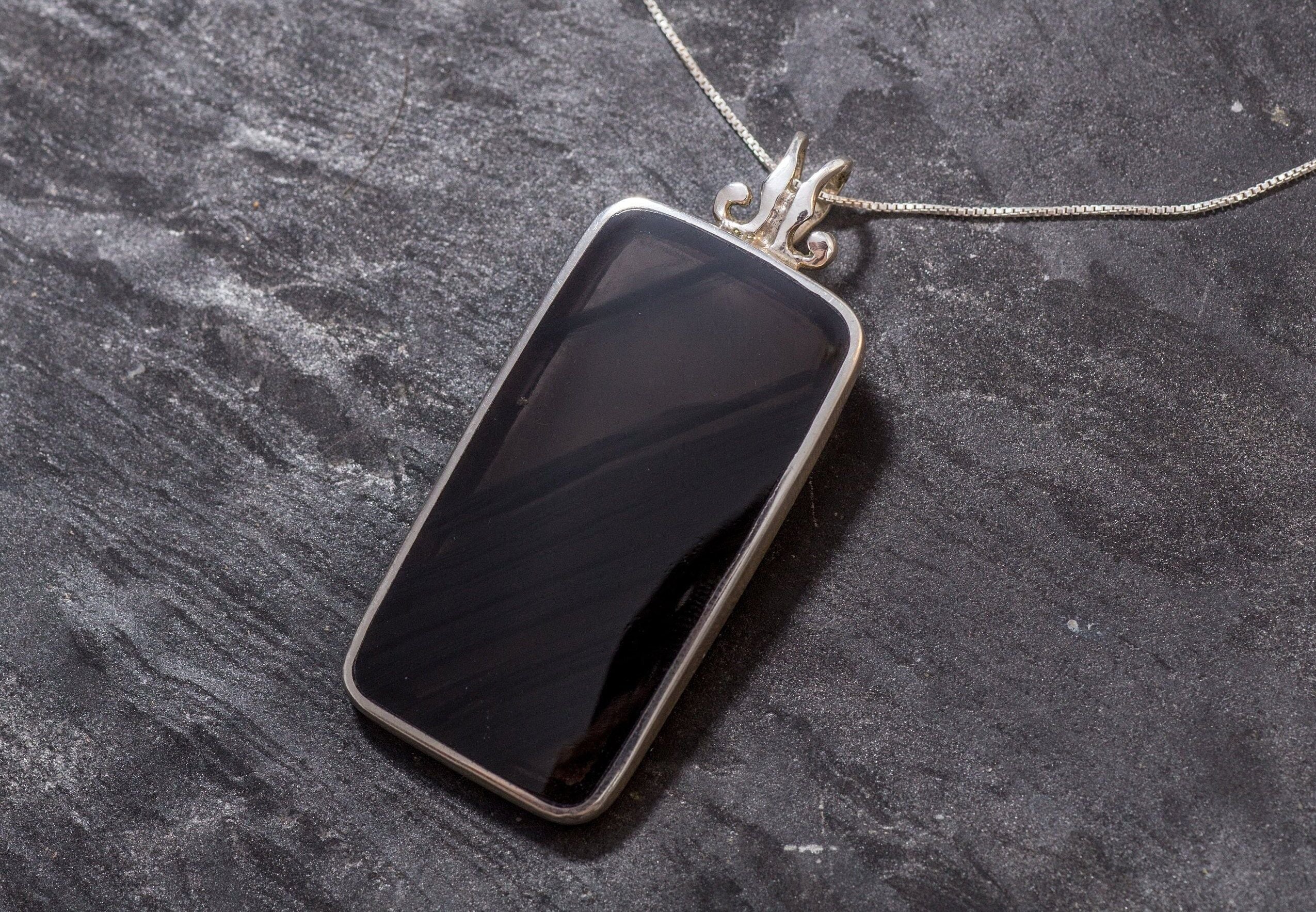 Obsidian Pendant, Natural Obsidian, Rectangle Pendant, Black Vintage Pendant, Statement Pendant, Unique Stone Pendant, Solid Silver Pendant