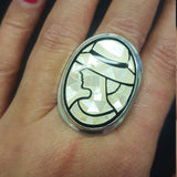 Mosaic Ring, Cameo Ring, Lady Ring, Mother of Pearl, Victorian Ring, Vintage Ring, Roman Ring, Carved Ring, Silver Rings, Solid Silver
