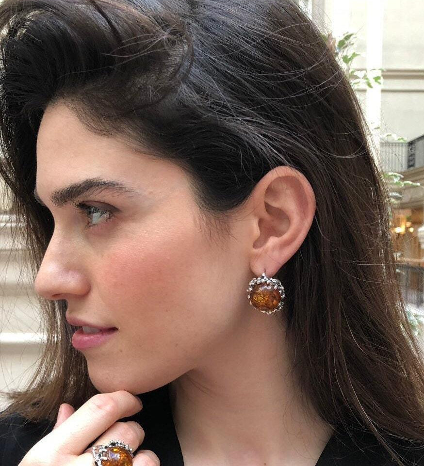 Large Amber Earrings, Natural Amber, Genuine Amber, Taurus Birthstone, Big Amber Earrings, Vintage Earrings, Big Silver Earrings, Amber