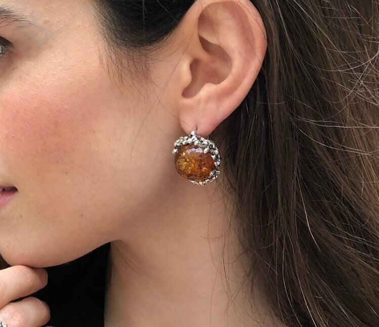 Large Amber Earrings, Natural Amber, Genuine Amber, Taurus Birthstone, Big Amber Earrings, Vintage Earrings, Big Silver Earrings, Amber
