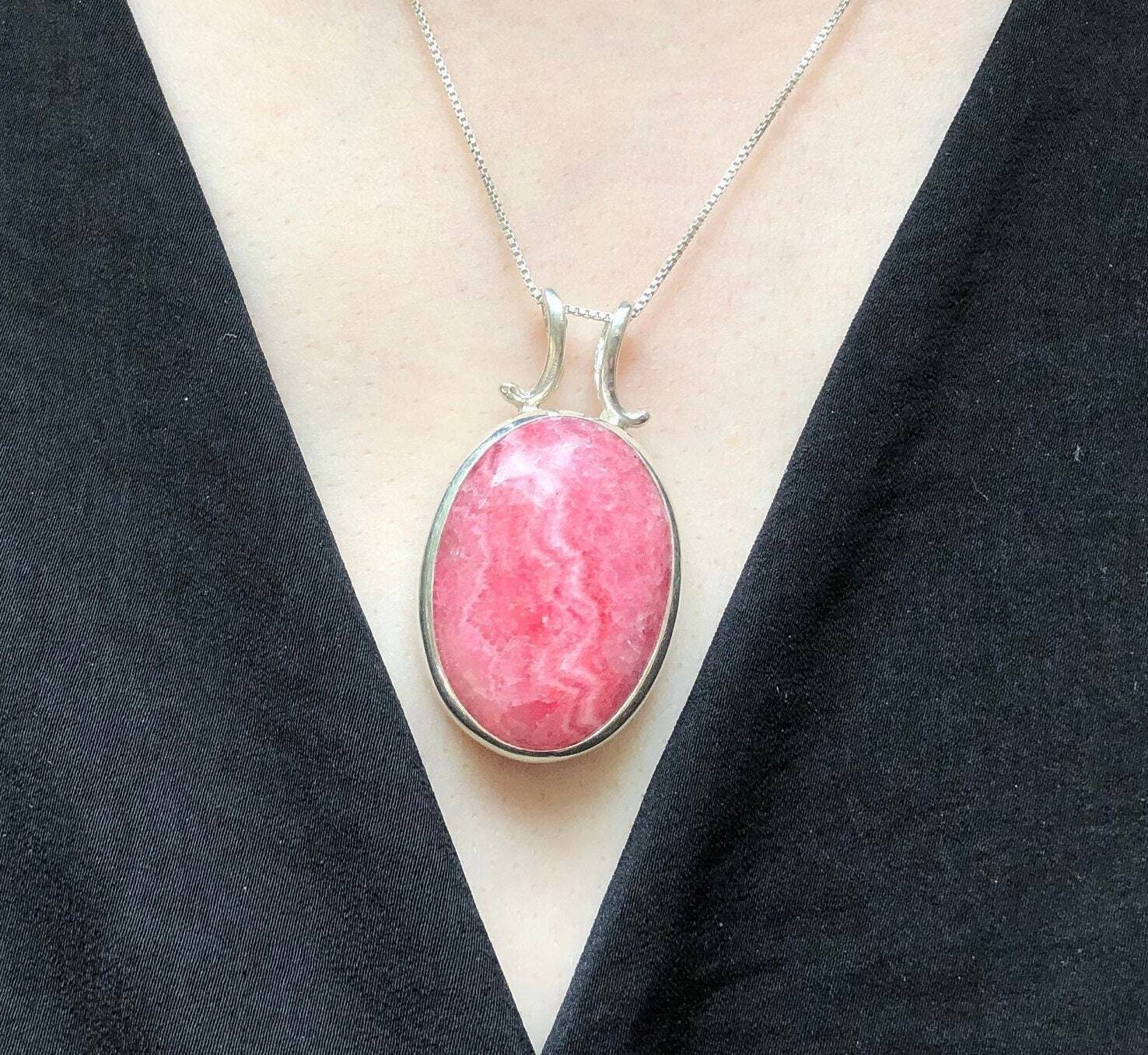Rhodochrosite Pendant, Statement Pendant, Large Oval Pendant, Antique Silver Pendant, Pink Pendant, Gemstone Pendant, Solid Silver Pendant