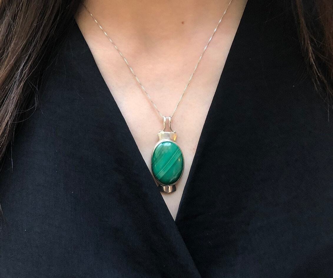 Malachite Pendant, Natural Malachite, Green Oval Pendant, Large Stone Pendant, Statement Pendant, Unique Pendant, Silver Pendant, Malachite