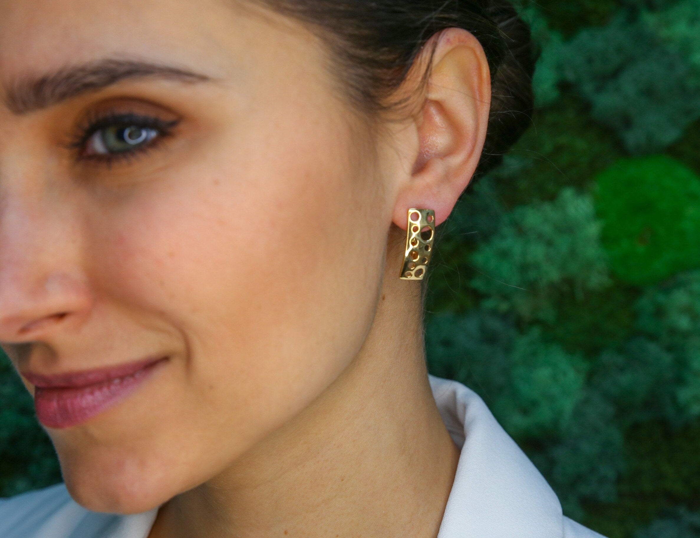 Gold Bubble Earrings, Long Stud Earrings, Cheese Earrings, Holes Earrings, Gold Plated Earrings, Leaky Earrings, Statement Earrings, Vermeil