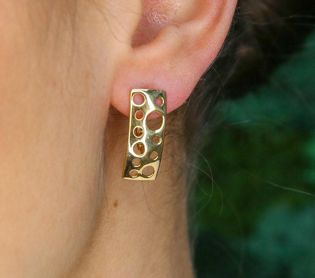 Gold Bubble Earrings, Long Stud Earrings, Cheese Earrings, Holes Earrings, Gold Plated Earrings, Leaky Earrings, Statement Earrings, Vermeil