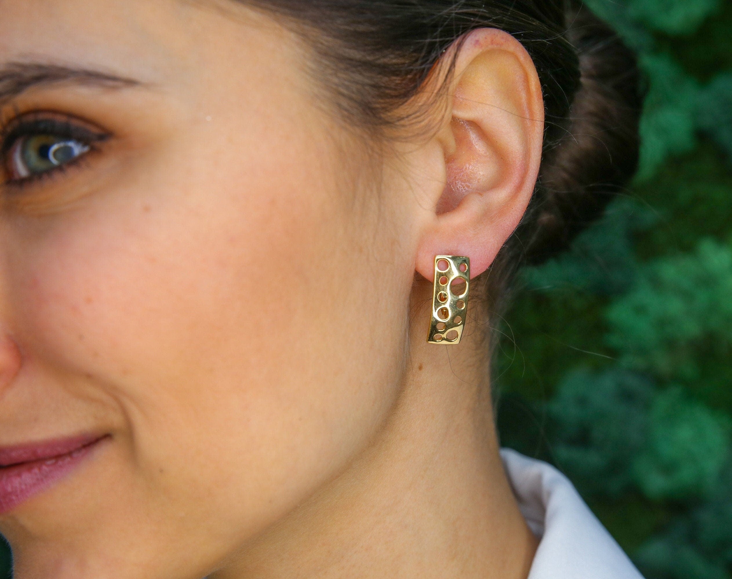 Gold Bubble Earrings, Long Stud Earrings, Cheese Earrings, Holes Earrings, Gold Plated Earrings, Leaky Earrings, Statement Earrings, Vermeil