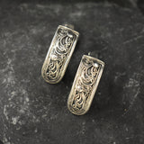 Victorian Pattern Earrings - Silver Vintage Earrings - Half Hoop Vintage Earrings