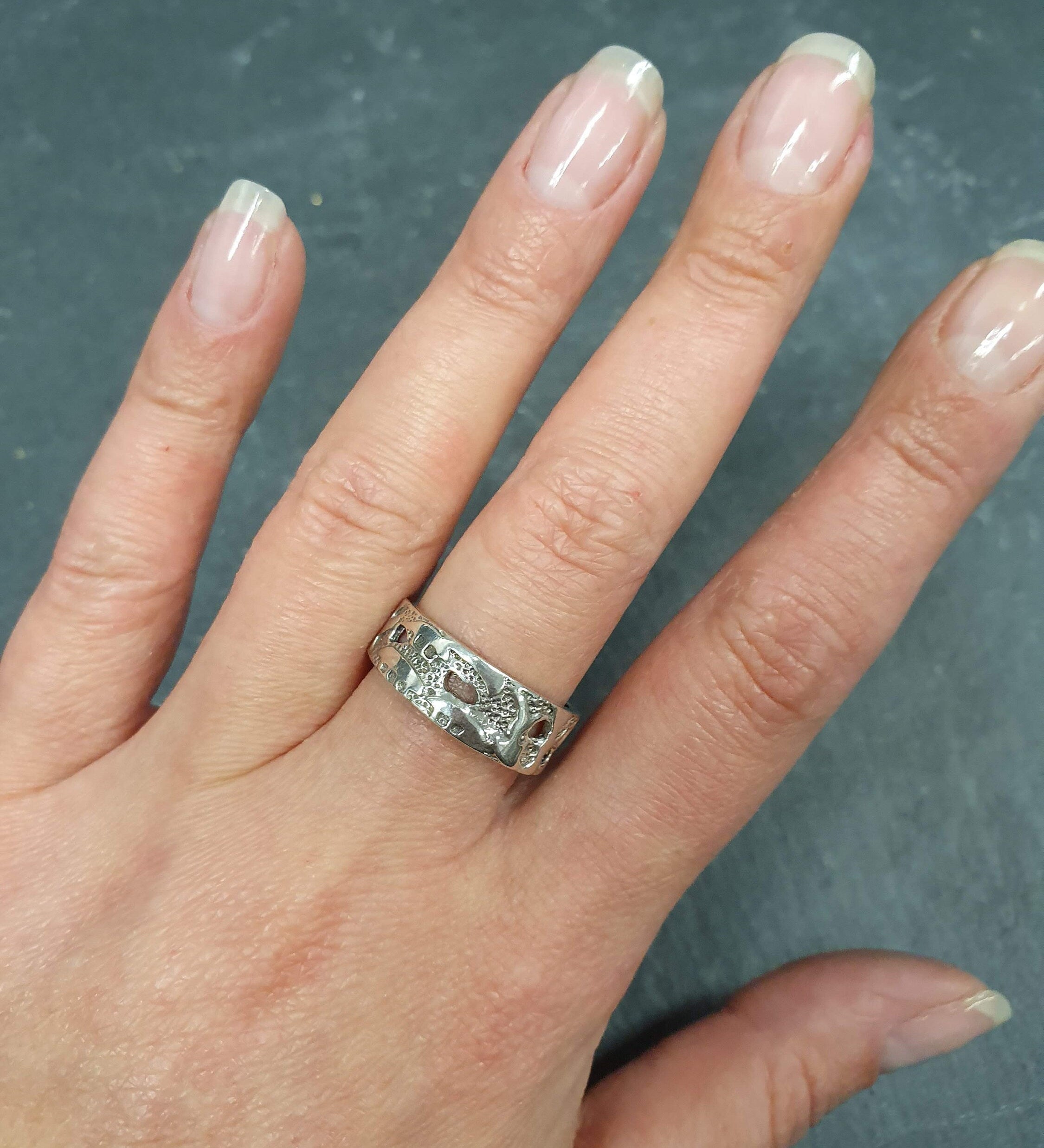 Artistic Silver Ring, Detailed Silver Band, Wide Silver Ring, Thick Band, Imprinted Ring, Vintage Ring, Solid Silver Ring, Holes Ring