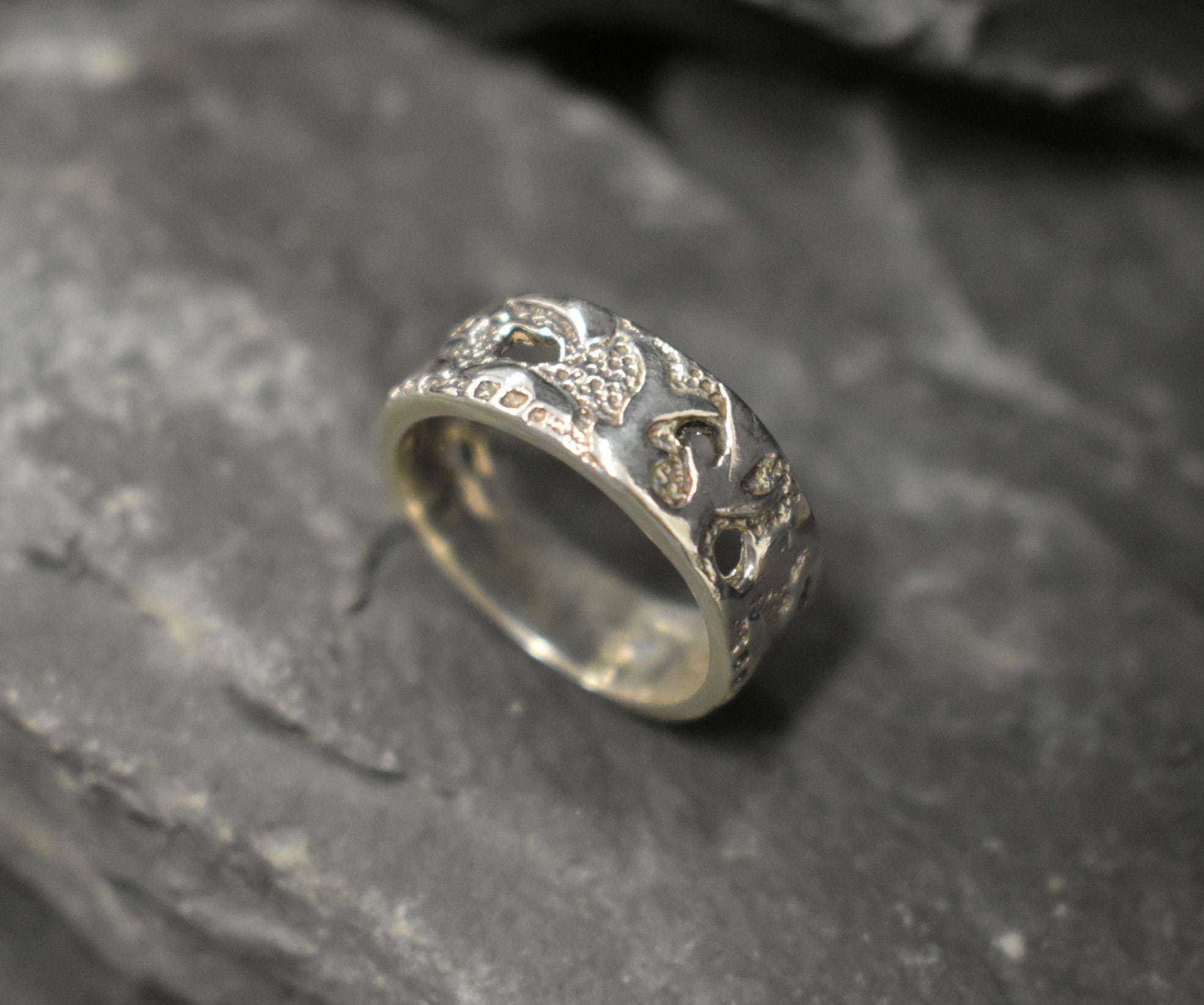 Artistic Silver Ring, Detailed Silver Band, Wide Silver Ring, Thick Band, Imprinted Ring, Vintage Ring, Solid Silver Ring, Holes Ring