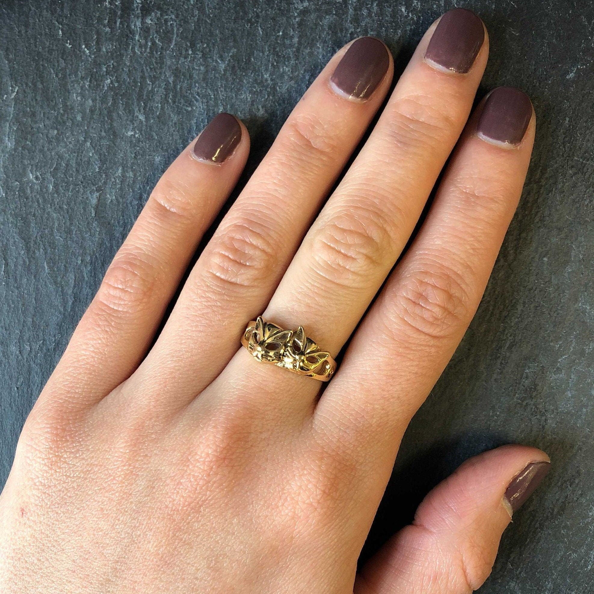 Gold Cat Ring, Cat Face Ring, Two Cats Ring, Cat Band, Kitty Ring, Cat Mask Ring, Kitten Ring, Animal Ring, Gold Plated Ring, Gold Vermeil