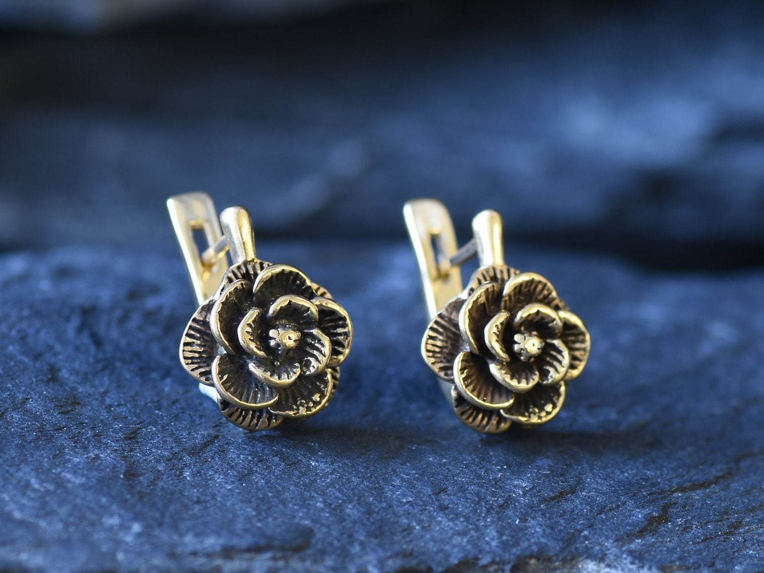 Gold Rose Earrings, Gold Flower Earrings, Gold Spring Earrings, Rose Earrings, Gold Floral Earrings, Artisan Earrings, Gold Vintage Earrings