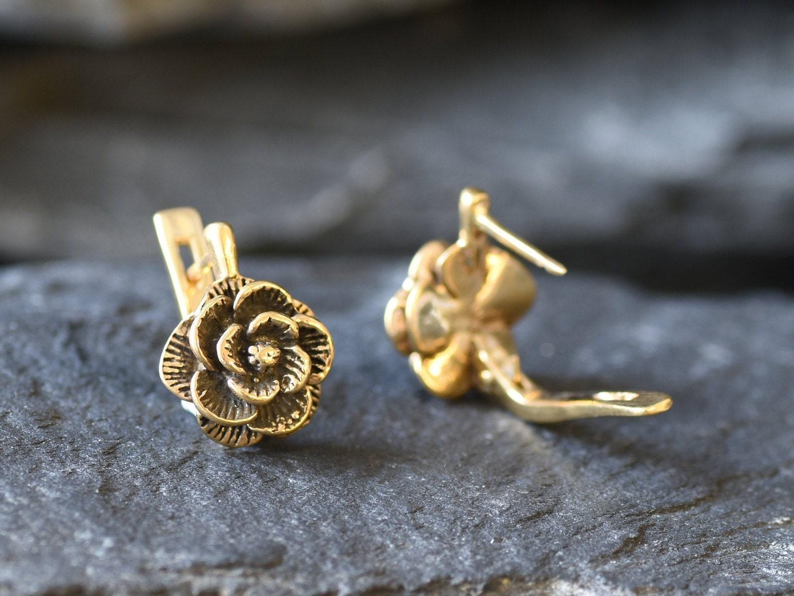 Gold Rose Earrings, Gold Flower Earrings, Gold Spring Earrings, Rose Earrings, Gold Floral Earrings, Artisan Earrings, Gold Vintage Earrings