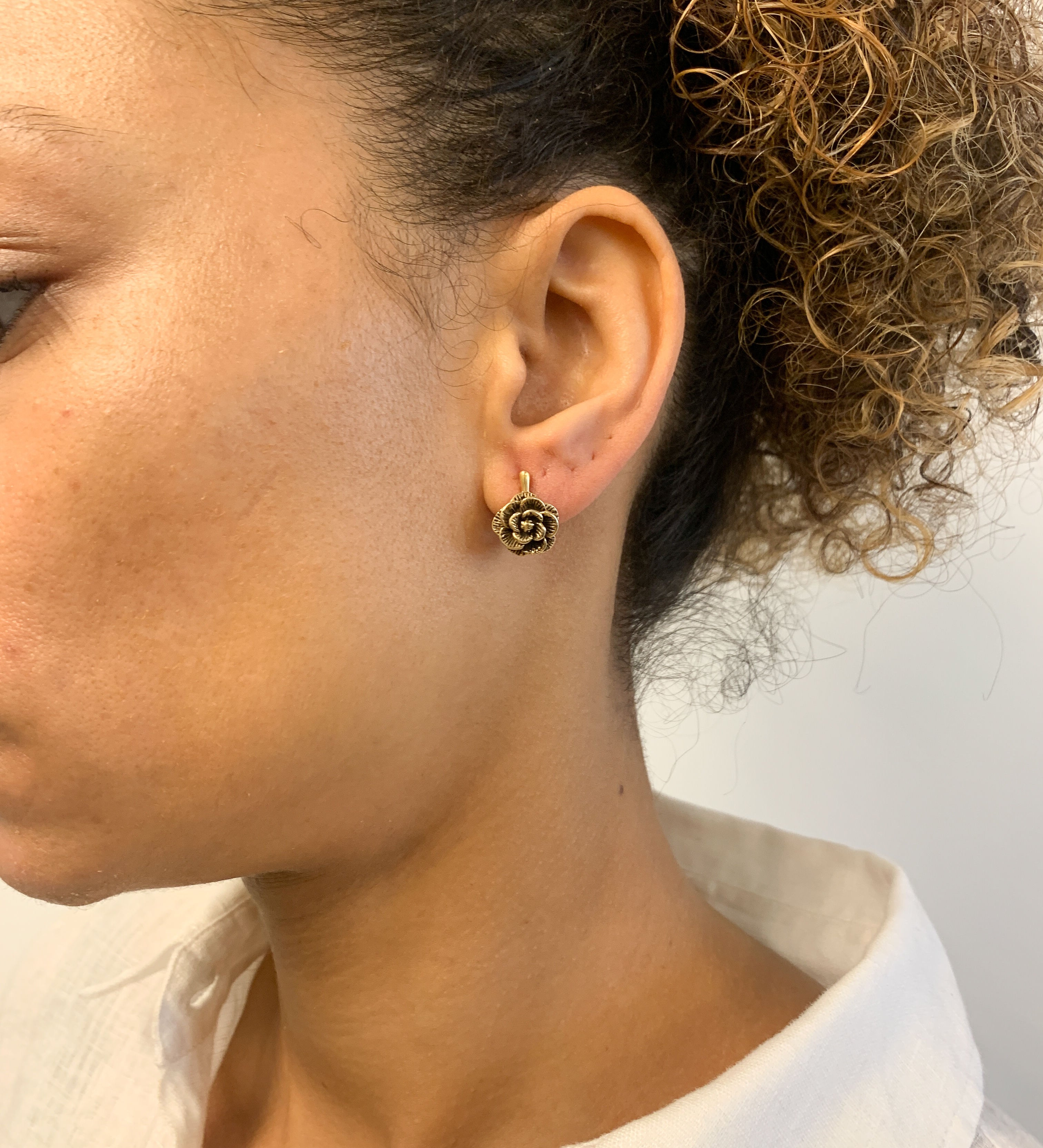 Gold Rose Earrings, Gold Flower Earrings, Gold Spring Earrings, Rose Earrings, Gold Floral Earrings, Artisan Earrings, Gold Vintage Earrings