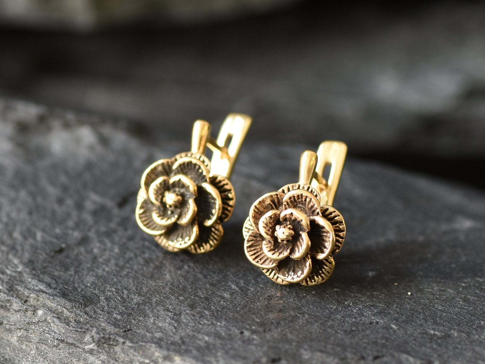 Gold Rose Earrings, Gold Flower Earrings, Gold Spring Earrings, Rose Earrings, Gold Floral Earrings, Artisan Earrings, Gold Vintage Earrings