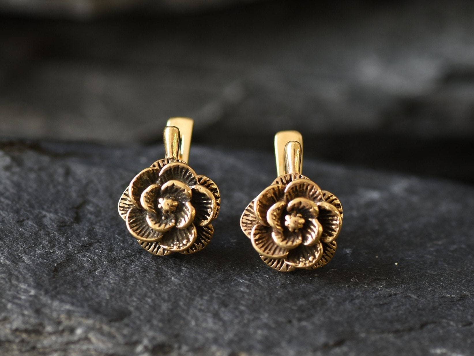 Gold Rose Earrings, Gold Flower Earrings, Gold Spring Earrings, Rose Earrings, Gold Floral Earrings, Artisan Earrings, Gold Vintage Earrings