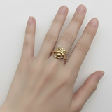 Chic 18k Gold Vermeil Eye Ring featuring a mystical Evil Eye symbol, perfect for adding flair to any outfit or gifting.