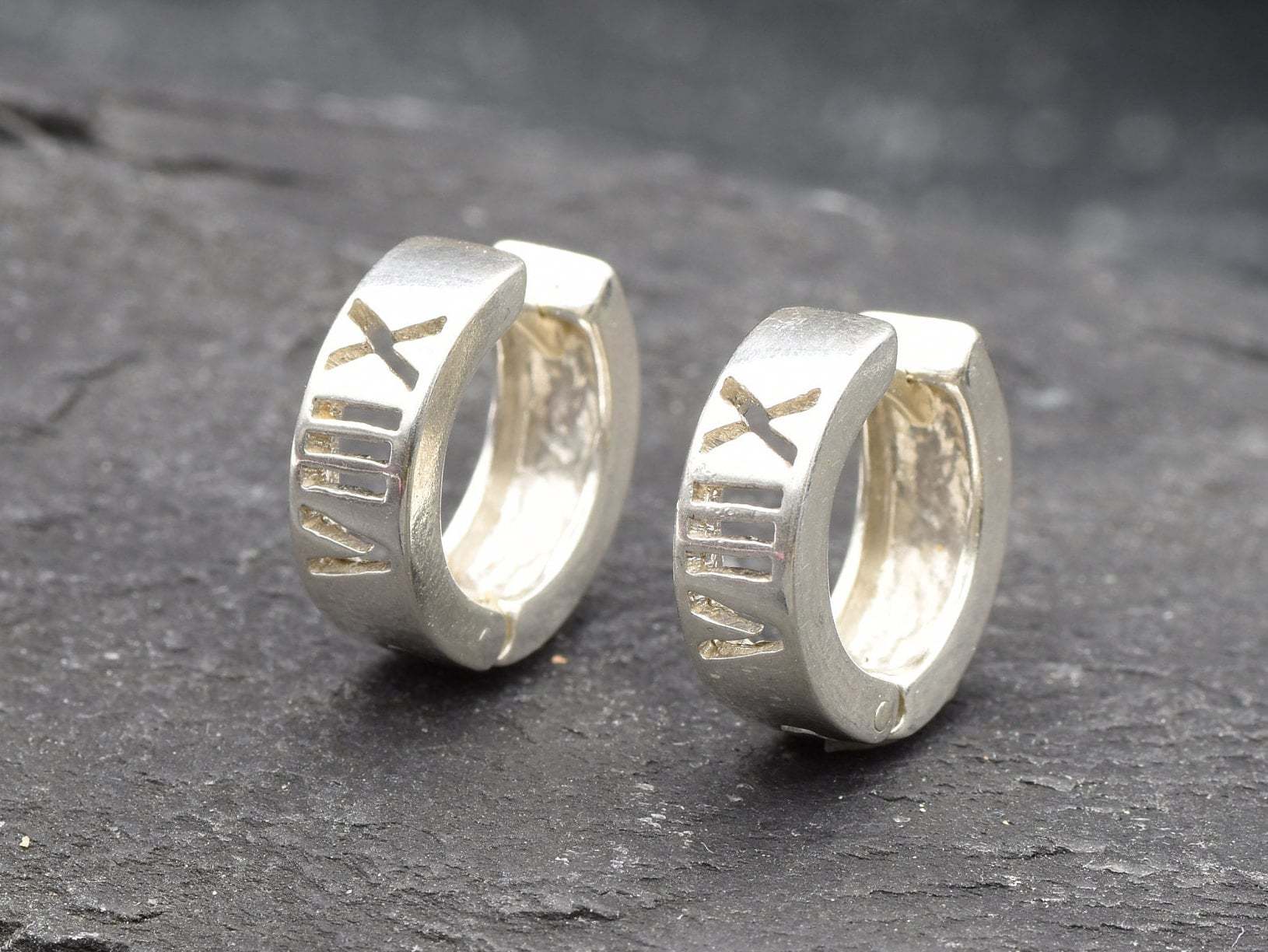 Silver Numerical Huggies, Silver Artistic Huggies, Silver Symbol Earrings, Silver Vintage Huggies, Small Hoop Earrings, Silver Hoop Earrings