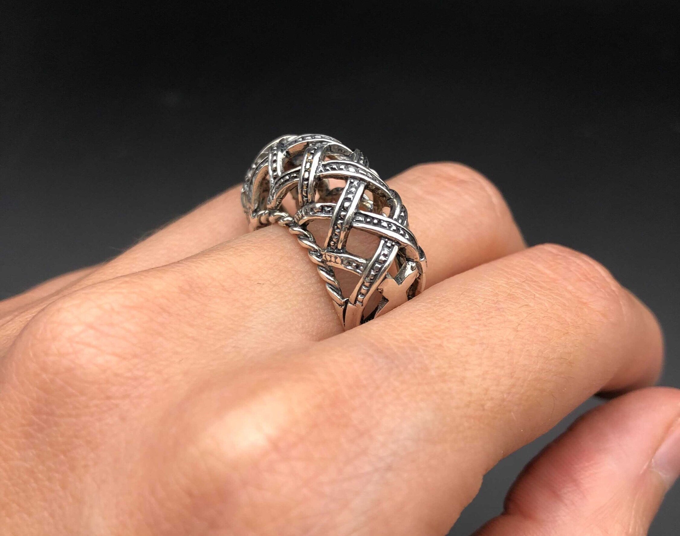 Large Dome Ring, Silver Weave Ring, Basket Ring, Statement Ring, Vintage Ring, Solid Silver Ring, Open Weave Ring, 925 Sterling Silver Band