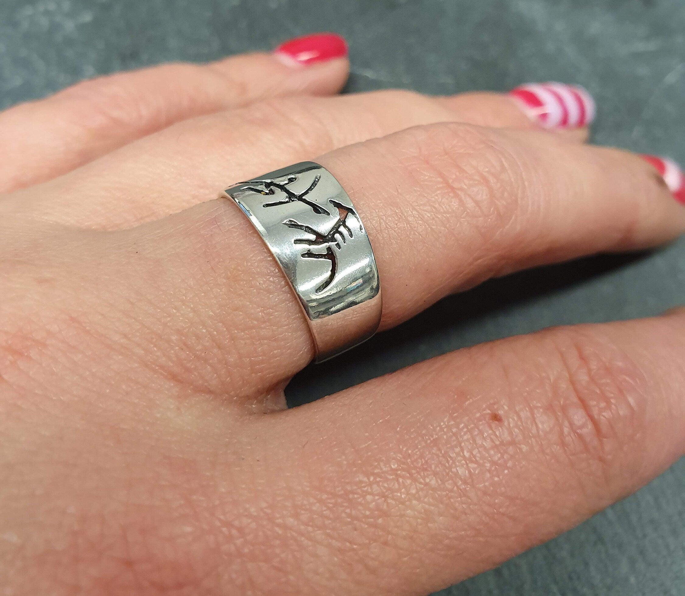 Ancient Hunter Ring, Prehistoric Hunter Ring, Solid Silver Ring, Wide Silver Band, Ice Age Ring, Cave Painting Ring, Silver Imprinted Ring