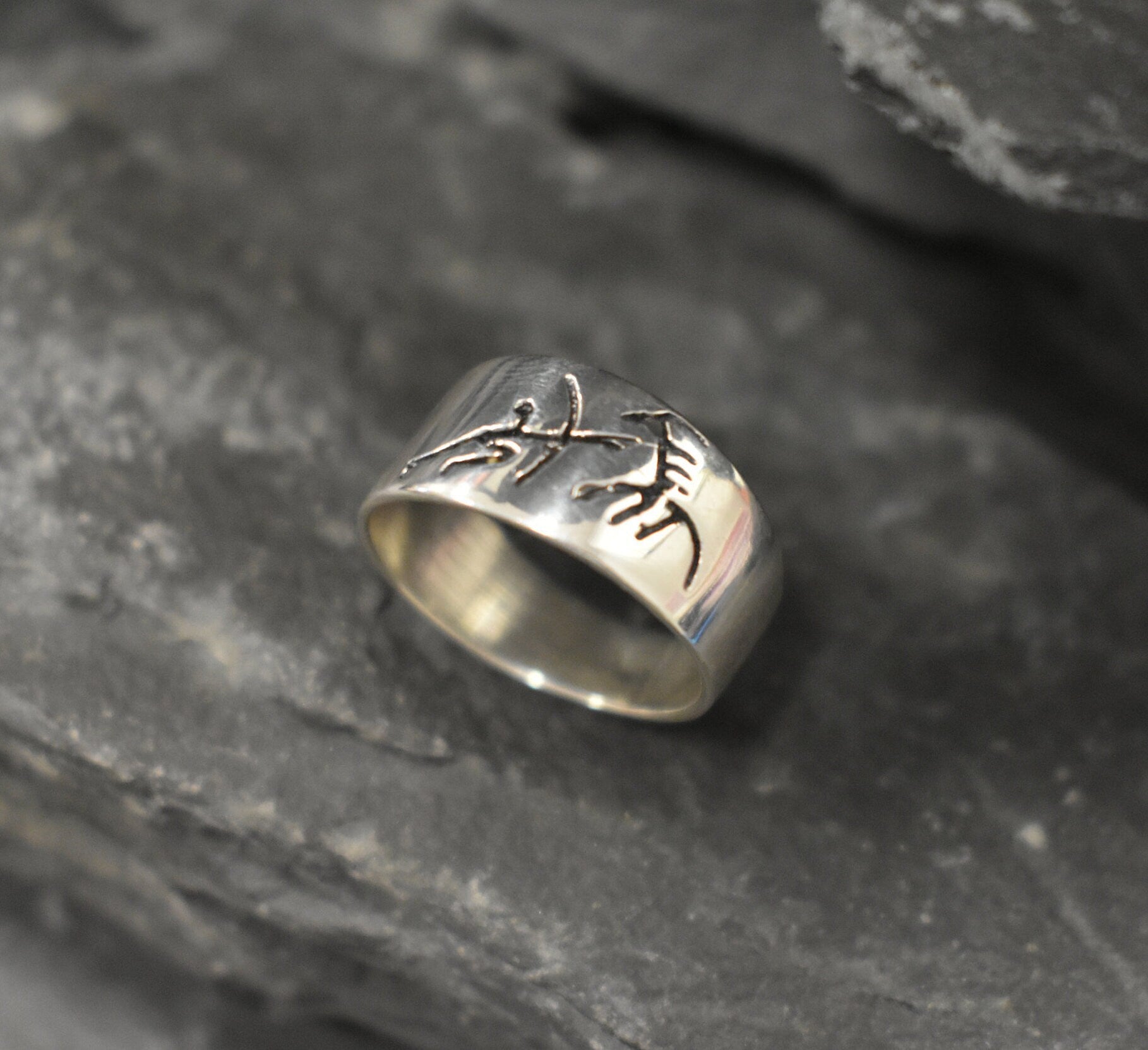 Ancient Hunter Ring, Prehistoric Hunter Ring, Solid Silver Ring, Wide Silver Band, Ice Age Ring, Cave Painting Ring, Silver Imprinted Ring