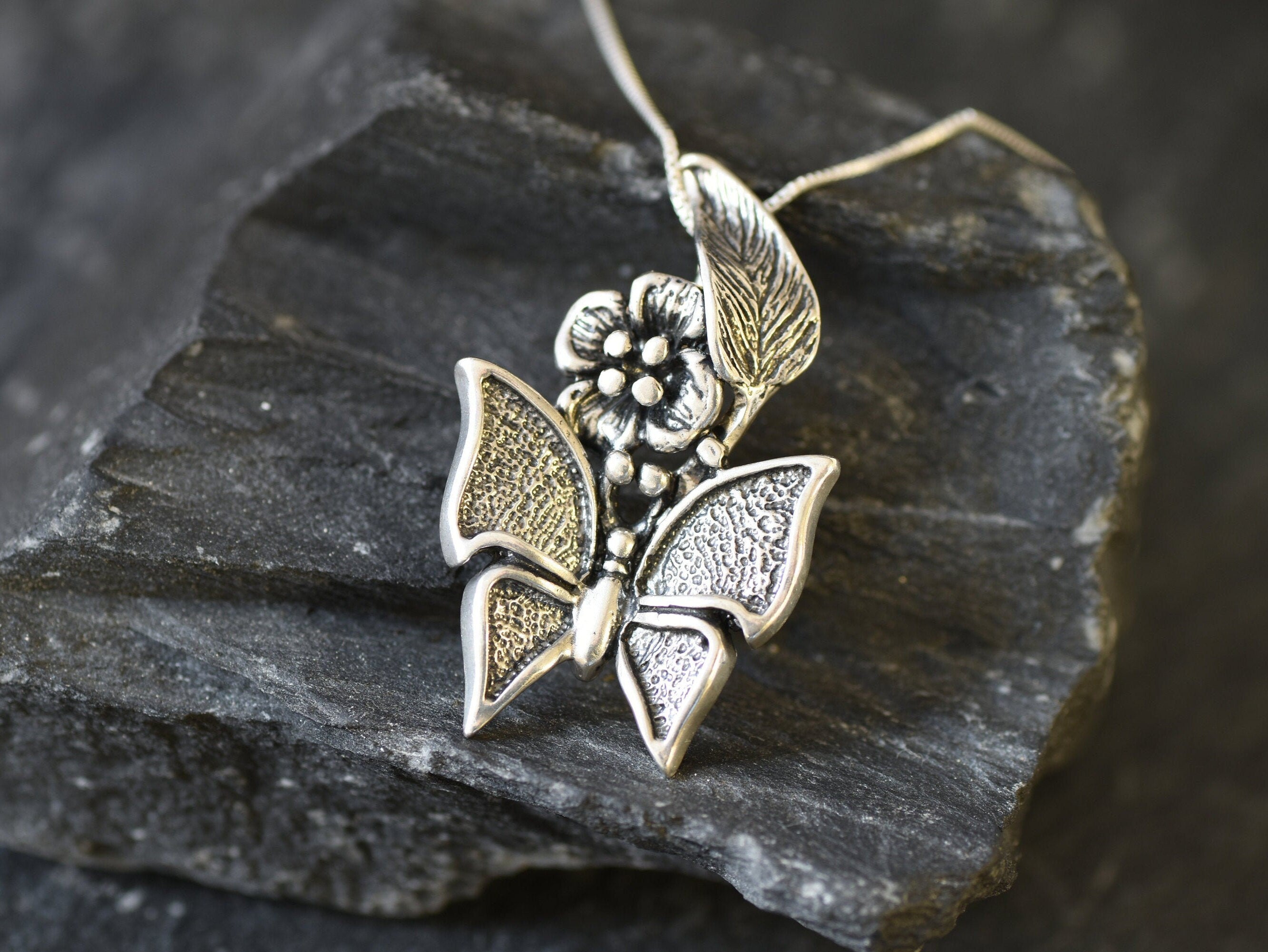 Butterfly Pendant, Artistic Pendant, Life Pendant, Butterfly Necklace, Floral Necklace, Solid Silver Pendant, Luck Pendant, 925 Solid Silver