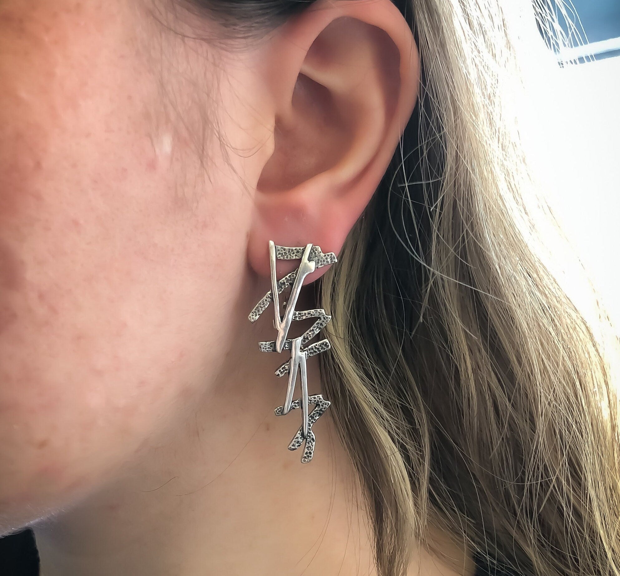 Long Earrings, Heavy Silver Earrings, Scribble Earrings, ZigZag Earrings, Artistic Earrings, Statement Earrings, Solid 925 Sterling Silver