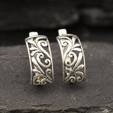Silver Filigree Earrings - Silver Ornament Earrings - Half Hoop Silver Earrings