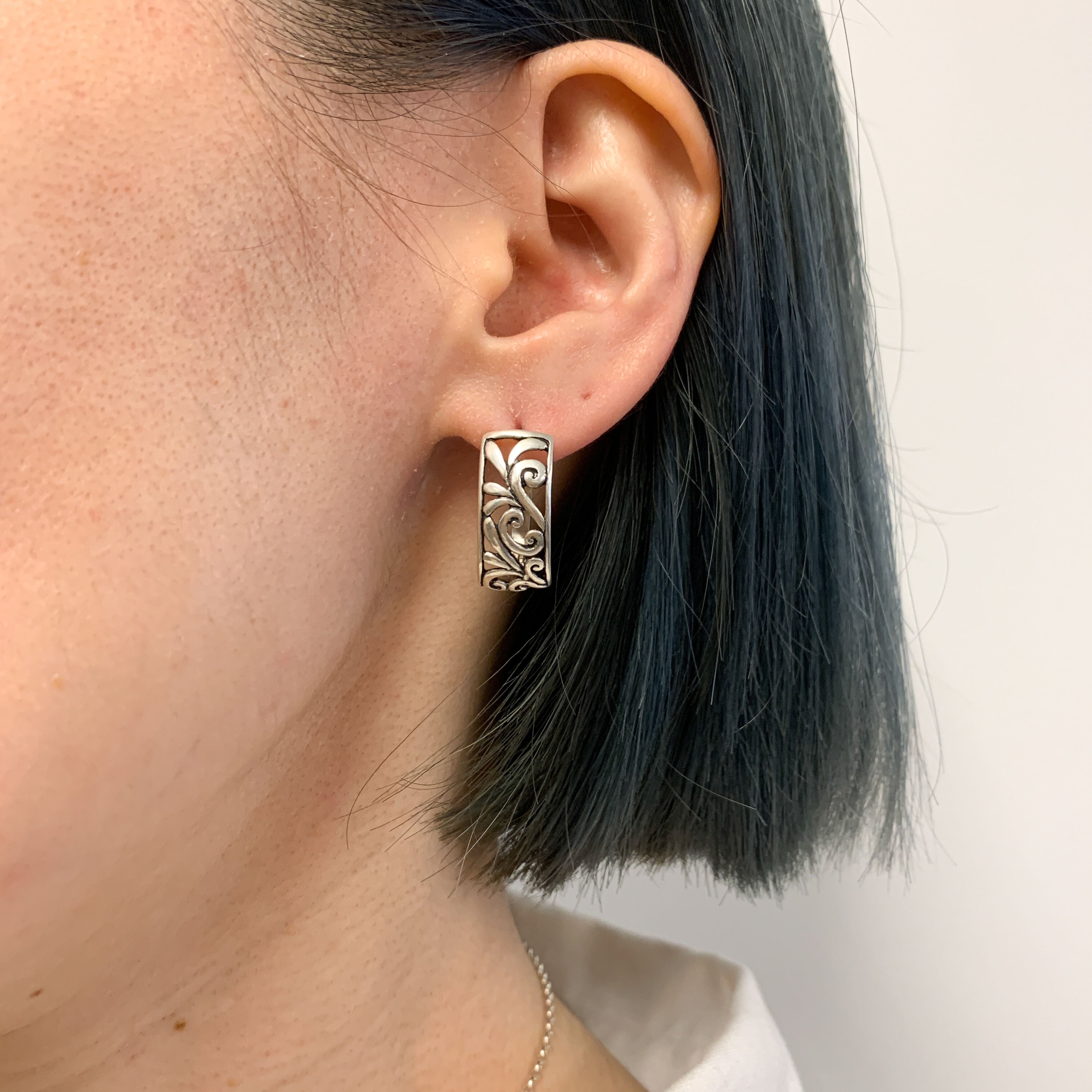 Silver Filigree Earrings, Ornament Earrings, Flower Earrings, Leaf Earrings, Filigree Hoops, Half Hoop Studs, Solid Silver, Sterling Silver