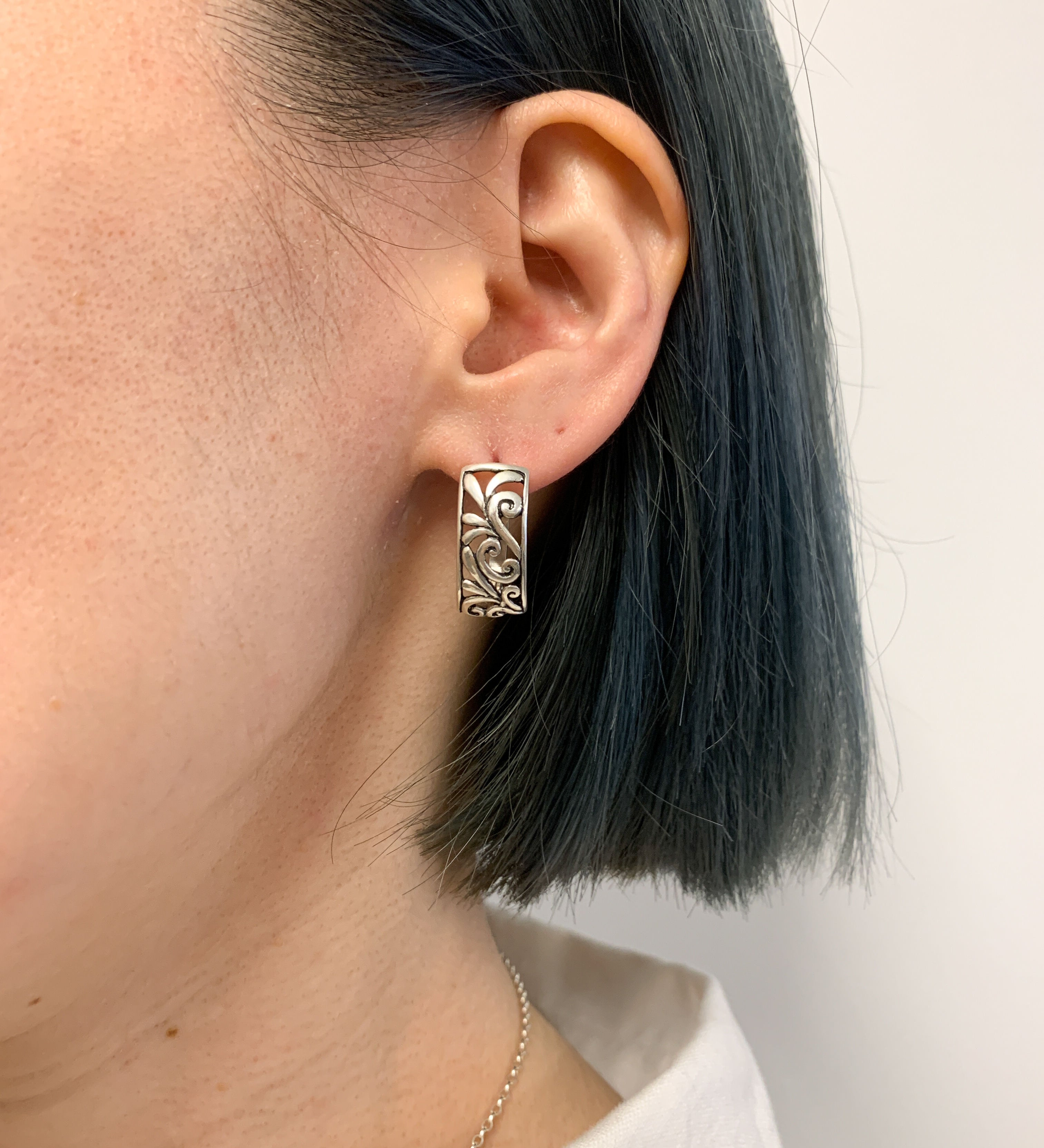 Silver Filigree Earrings, Ornament Earrings, Flower Earrings, Leaf Earrings, Filigree Hoops, Half Hoop Studs, Solid Silver, Sterling Silver