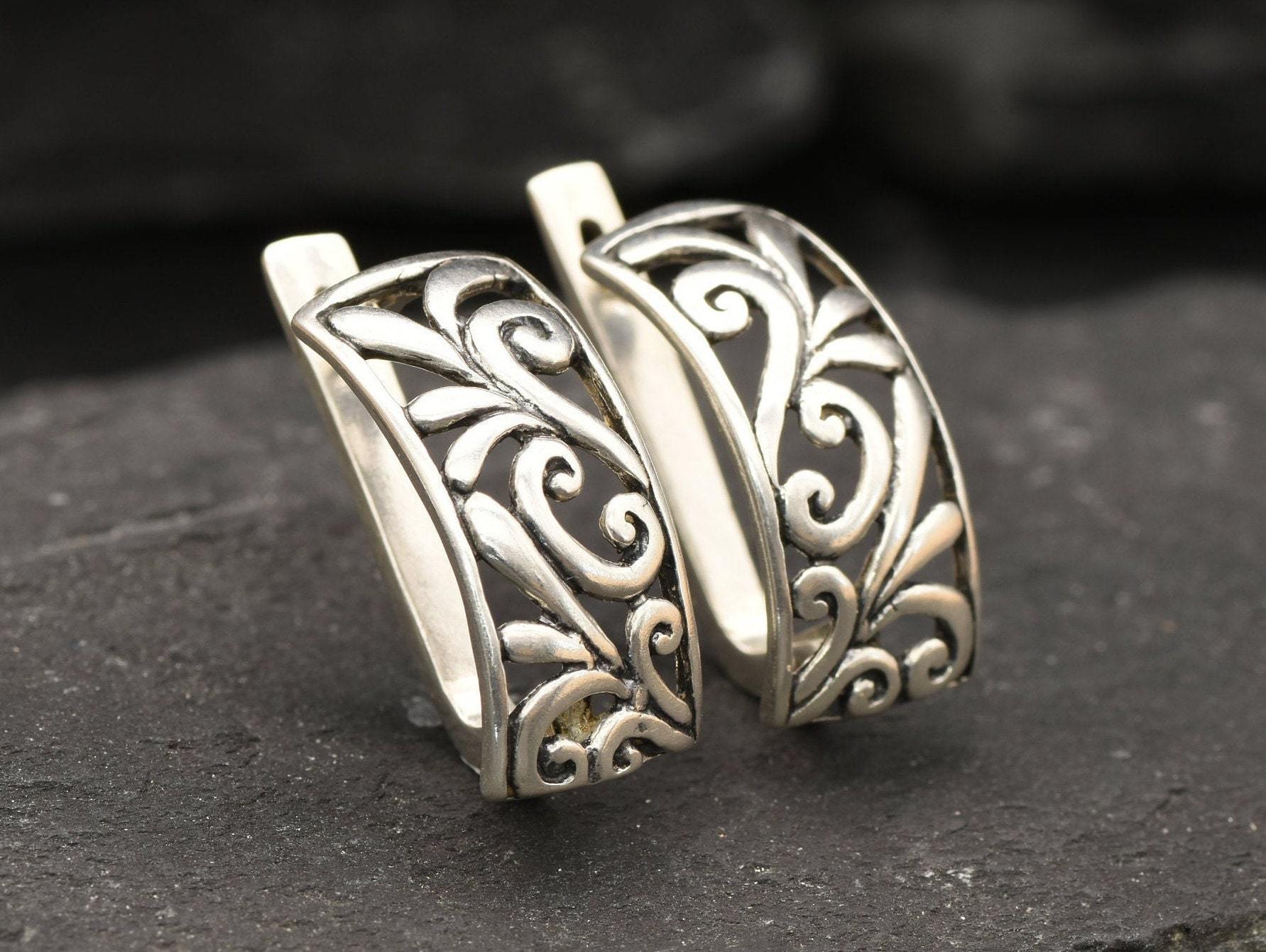 Silver Filigree Earrings, Ornament Earrings, Flower Earrings, Leaf Earrings, Filigree Hoops, Half Hoop Studs, Solid Silver, Sterling Silver