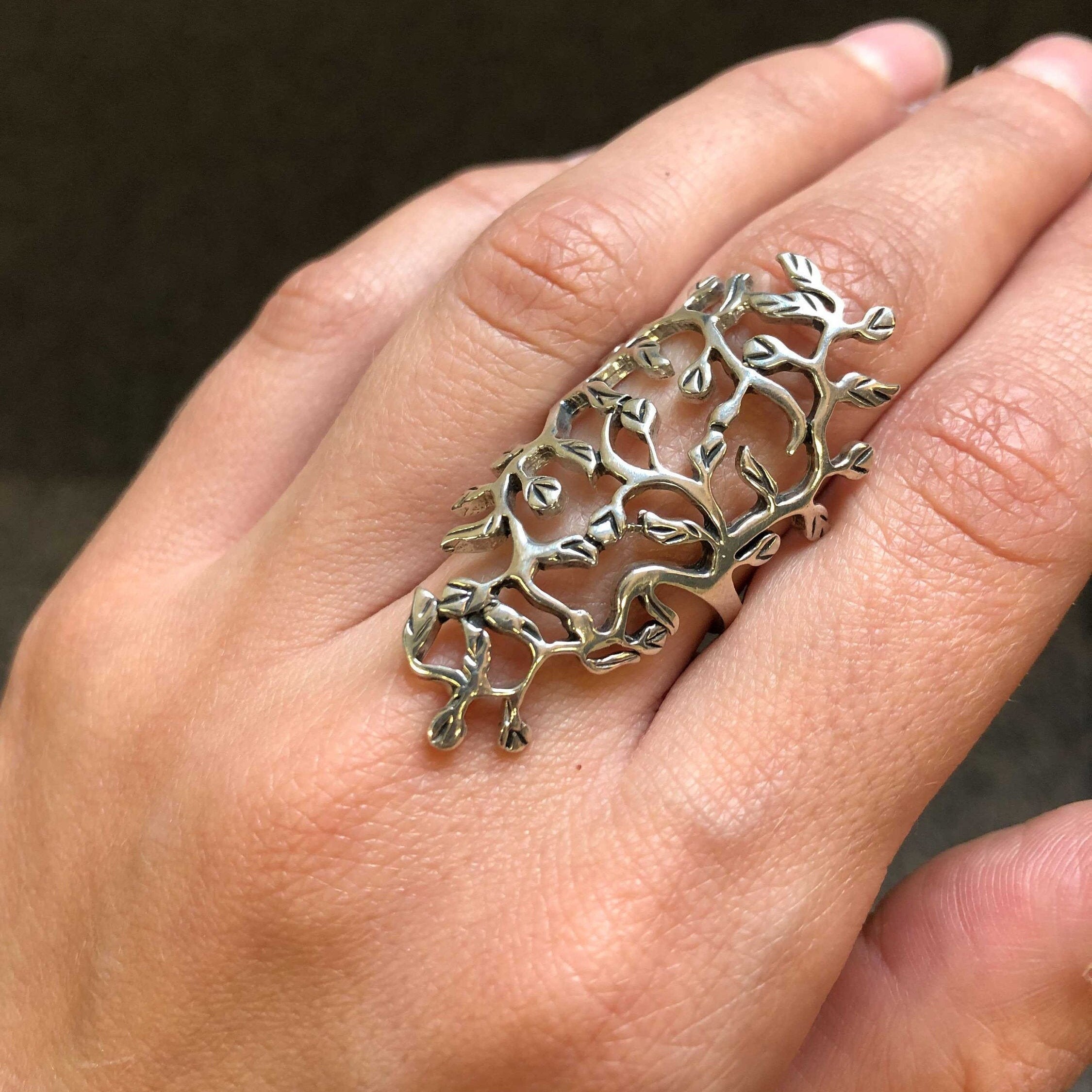 Long Leaf Ring, Branch Ring, Silver Leaf Ring, Tree of Life Ring, Statement Ring, Wrap Ring, Shield Ring, Solid Silver, 925 Sterling Silver