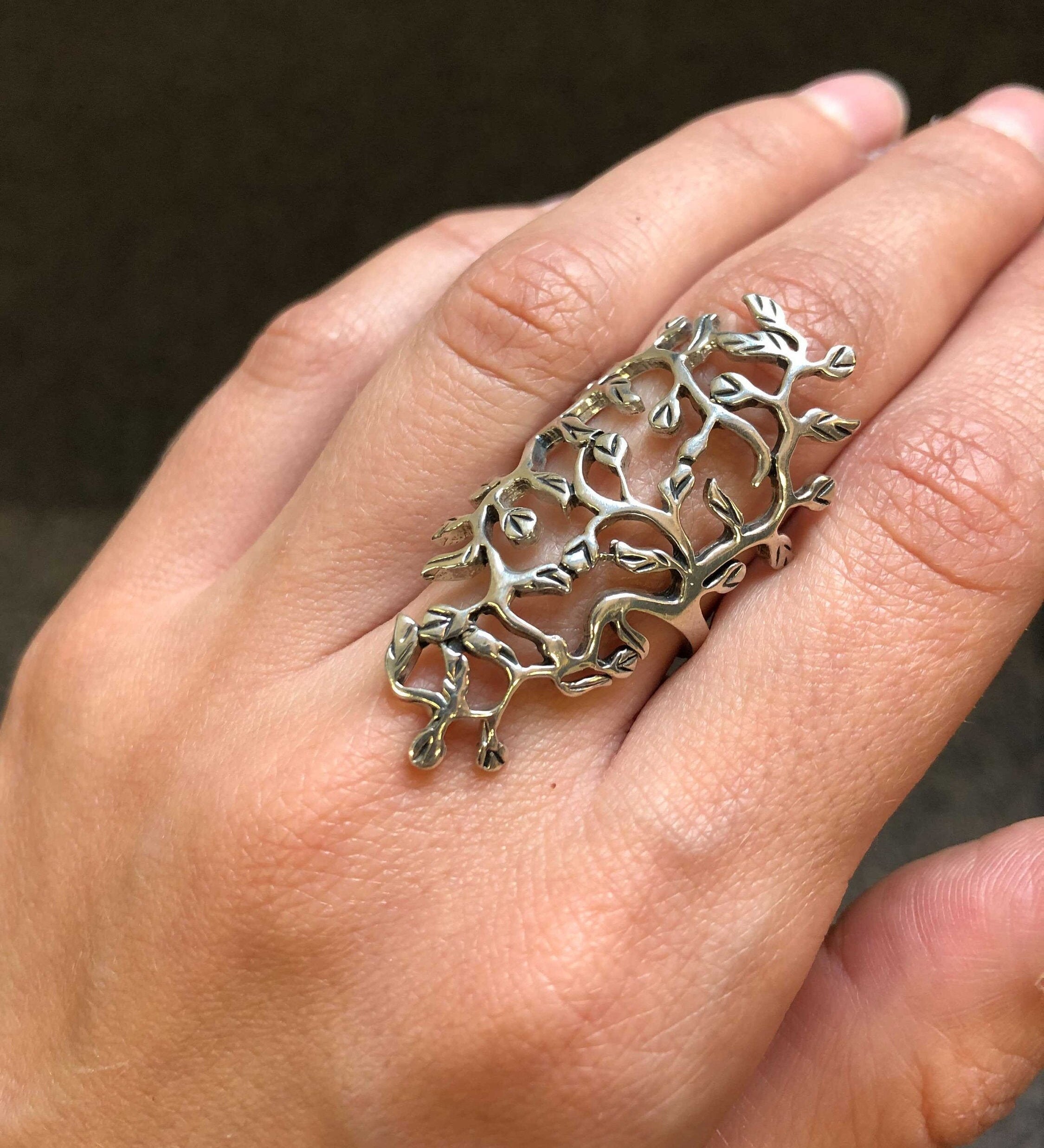 Long Leaf Ring, Branch Ring, Silver Leaf Ring, Tree of Life Ring, Statement Ring, Wrap Ring, Shield Ring, Solid Silver, 925 Sterling Silver