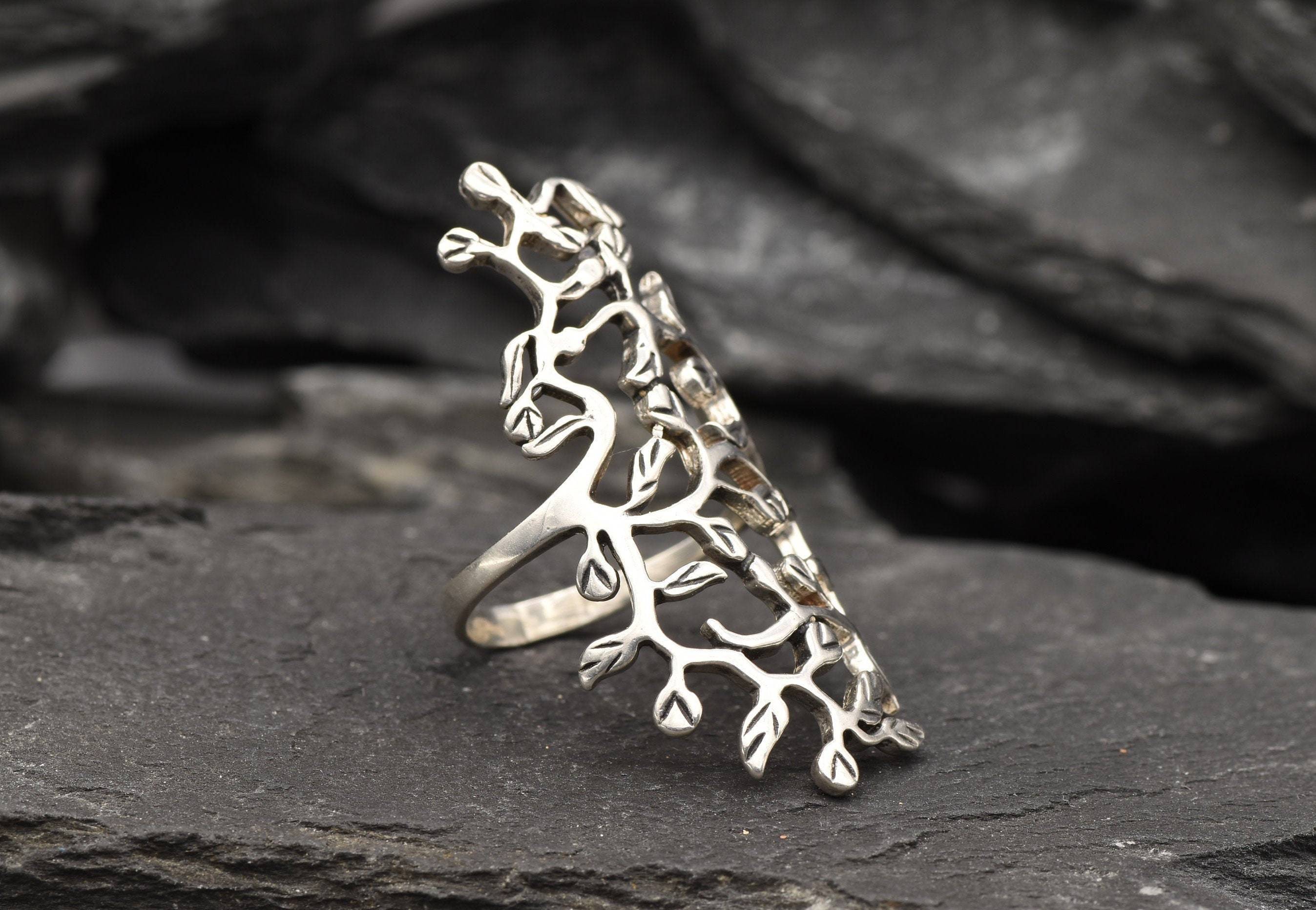Long Leaf Ring, Branch Ring, Silver Leaf Ring, Tree of Life Ring, Statement Ring, Wrap Ring, Shield Ring, Solid Silver, 925 Sterling Silver