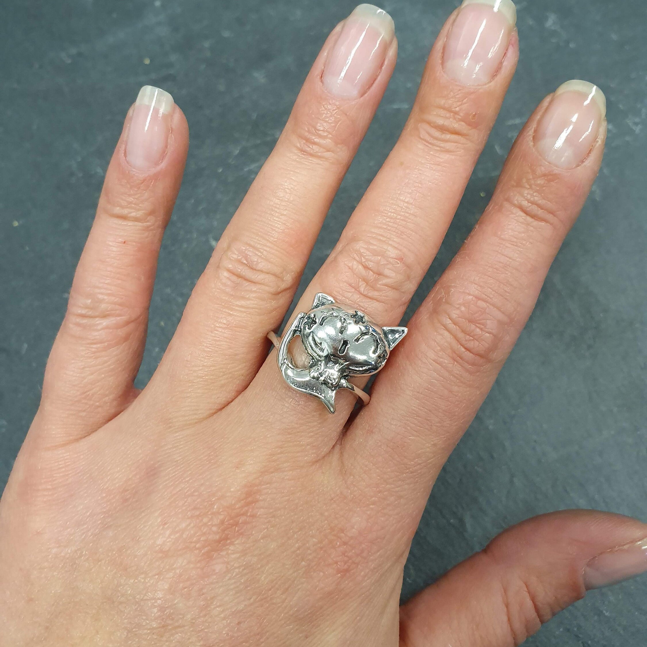 Happy Cat Ring, Solid Silver Ring, Silver Cat Ring, Magic Cat Ring, Kitten Ring, Large Cat Ring, Statement Ring, Merlin Cat Ring, Kitty Ring
